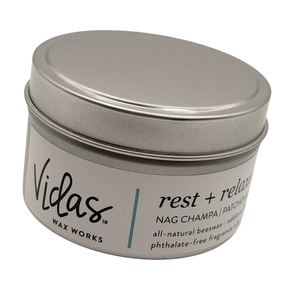 Patchouli Candle Tan Vidas Wax Works Rest Relaxation 3.5oz Nag Champa Tin Gift